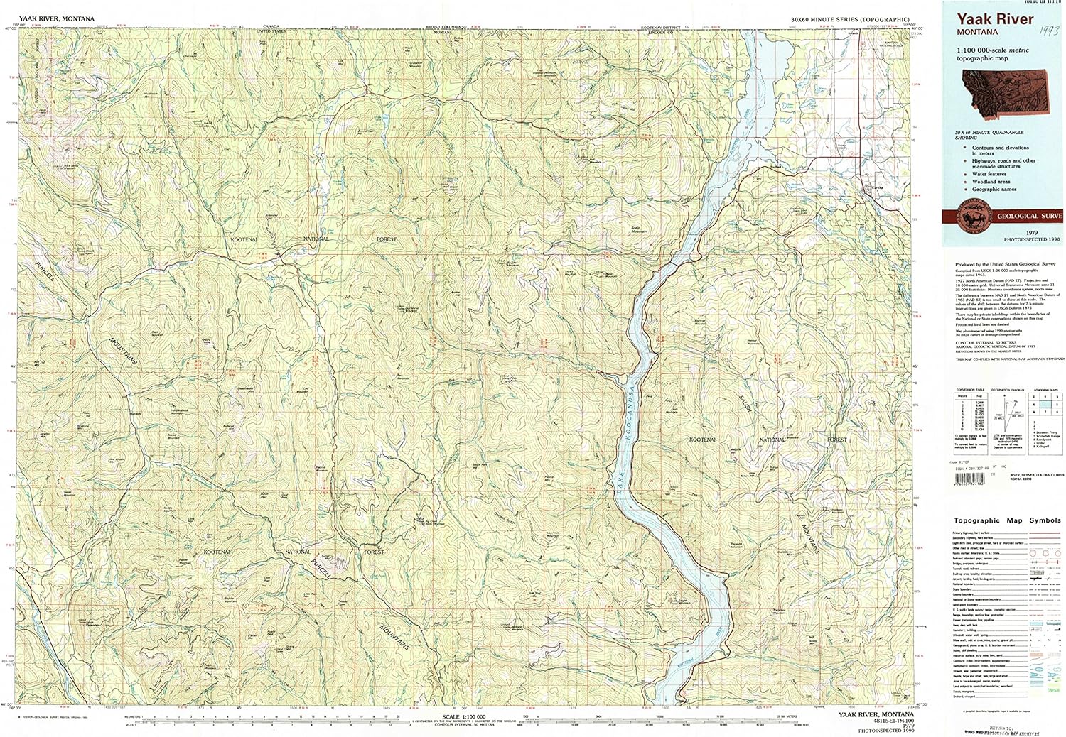 YellowMaps Yaak River MT topo map, 1:100000 Scale, 30 X 60 Minute, Historical, 1979, Updated 1993, 24.1 x 35.1 in