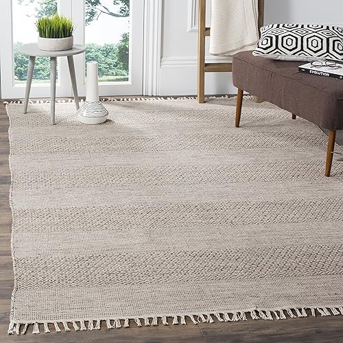 Safavieh Montauk Collection MTK330M Handmade Tassel Cotton Area Rug, 9' x 12', Ivory / Steel Grey