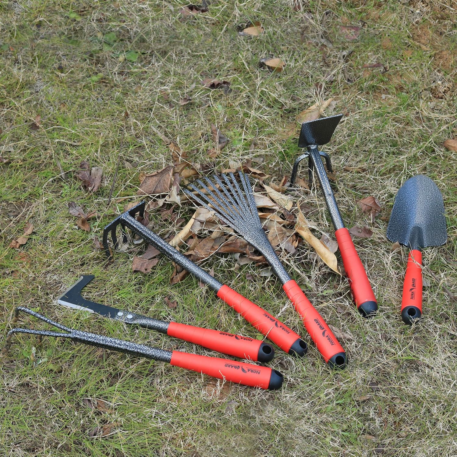 FLORA GUARD 6 Piece Garden Tool Sets - Including Trowel, 5-Teeth rake, 9-Teeth Leaf rake, Double Hoe 3 prongs, Cultivator, Weeder, Gardening Hand Tools with High Carbon Steel Heads : Garden & Outdoor
