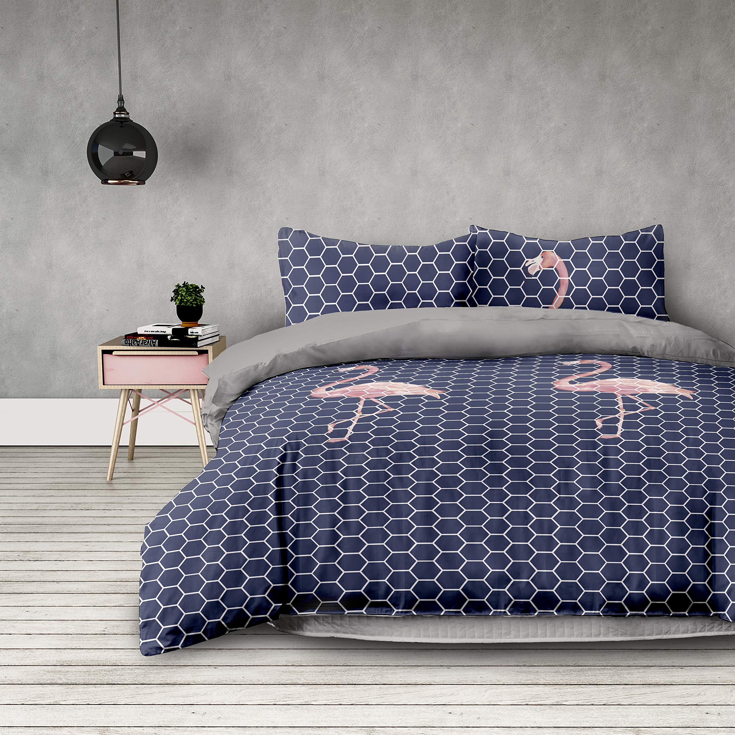 AmeliaHome Bed Linen Geometric Pattern Microfibre Zip Basic Collection Flamingo Dark Anthracite Graphite Pink, Microfibre, Flamingo Dark, 2 * 155x220 + 2 * 80x80