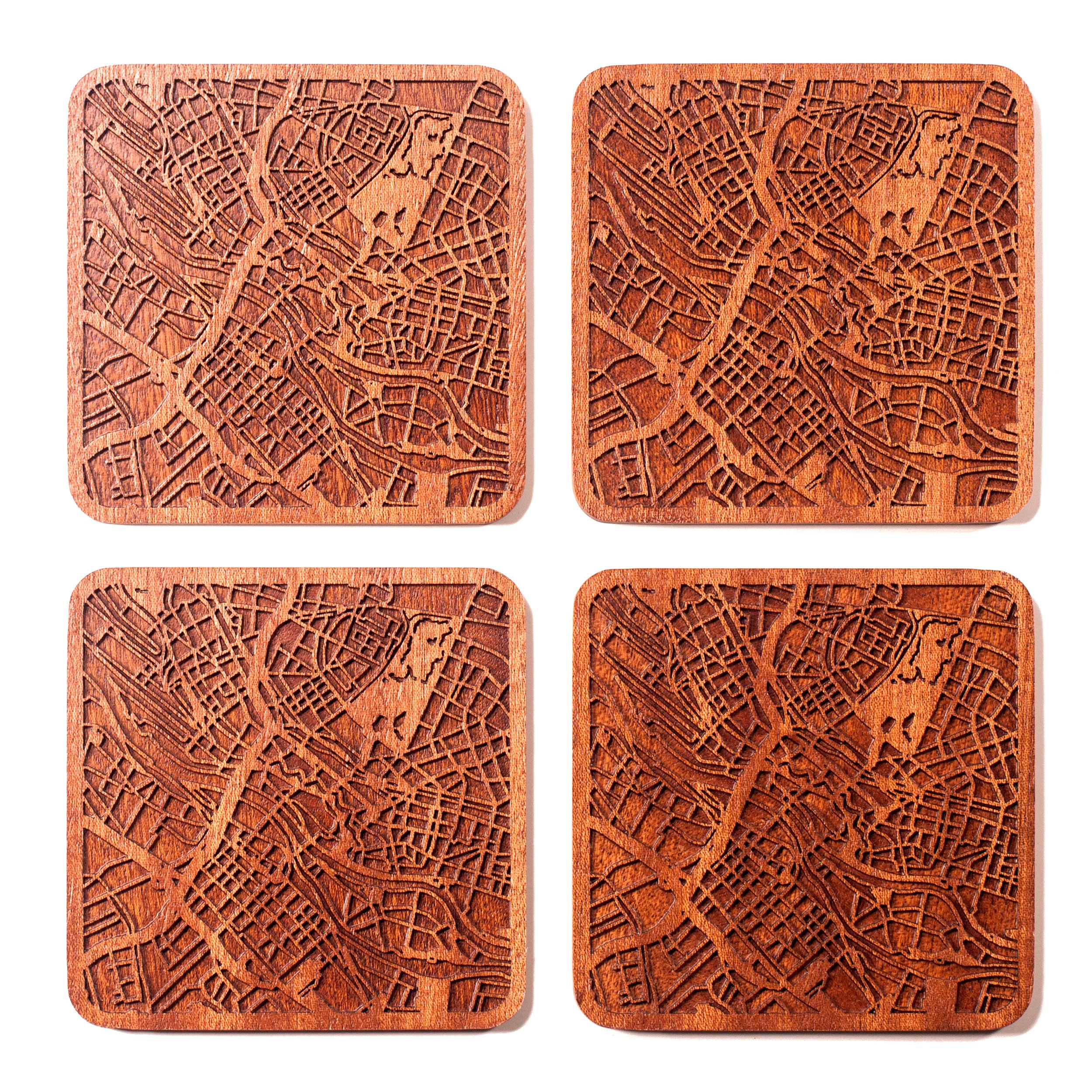 Bremen Map Coaster, Set of 4, Sapele Wooden Coaster with City Map, Handmade