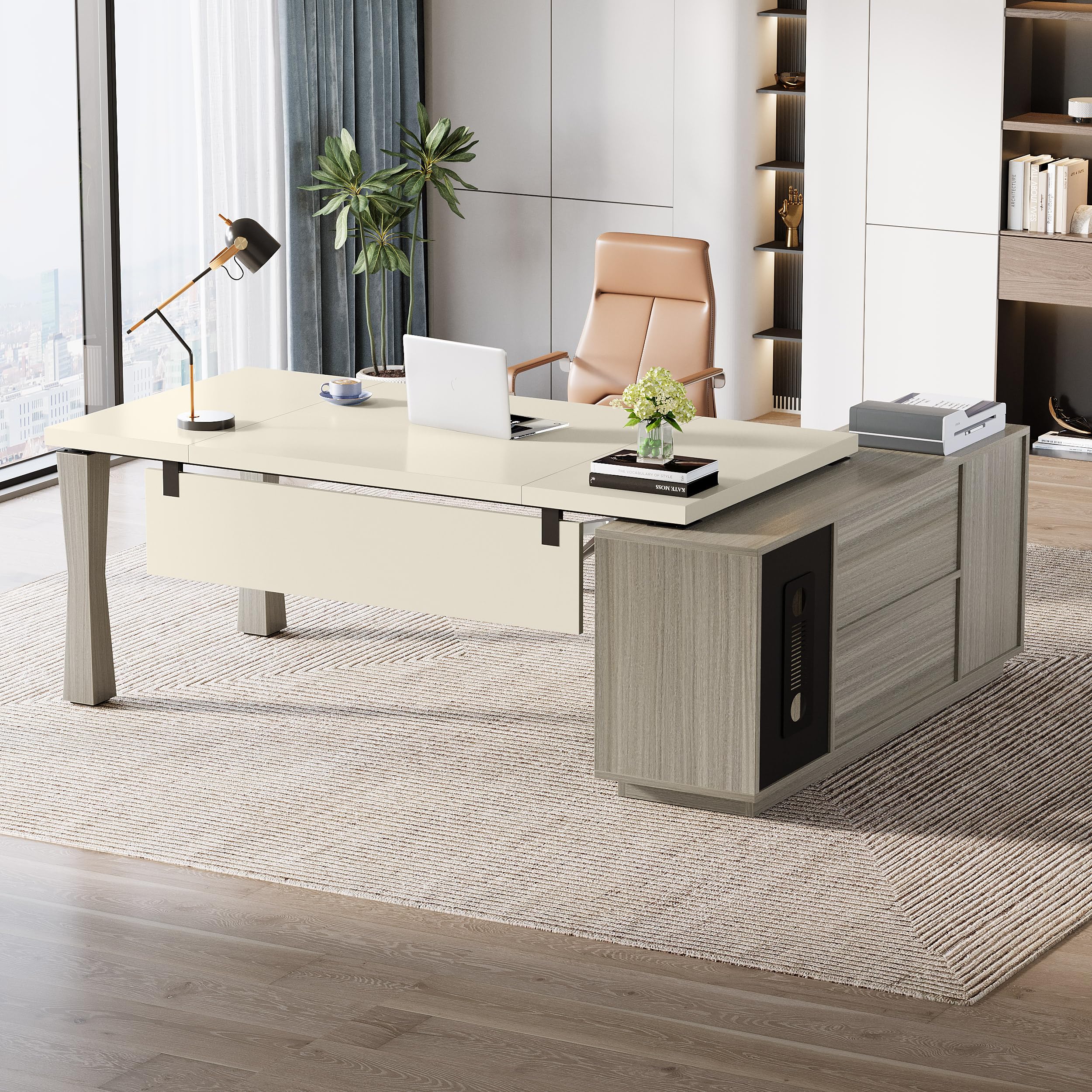 Photo 1 of **MISSING PARTS**Tribesigns 78.7-Inch Executive Desk, Large L-Shaped Office Desk with Cabinet and Storage Shelves, Writing Table Business Furniture Set for Home Office, Gray and Cream White