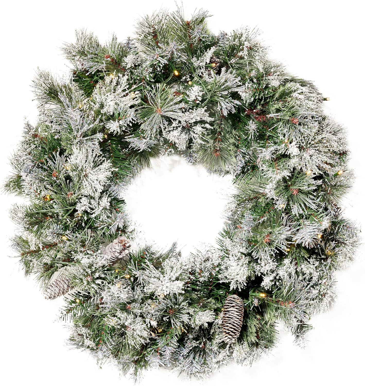 Christopher Knight Home 307397 24" Mixed Spruce Christmas Wreath w/50 Warm White LED Lights, Flocked Snow and Glitter Branches, Pinecones - Battery-Operated, Timer Included, Green