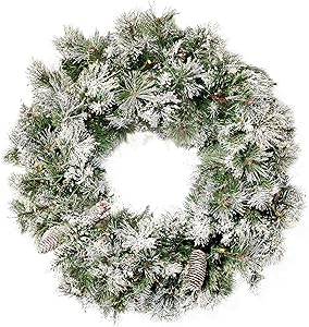 Christopher Knight Home 307397 24" Mixed Spruce Christmas Wreath w/50 Warm White LED Lights, Flocked Snow and Glitter Branches, Pinecones - Battery-Operated, Timer Included, Green