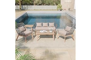 Kullavik Outdoor Patio Furniture Set,5 Pieces Indoor Rope Woven Sectional Sofa Set Modern Oak Patio Conversation Sets with Wooden Table for Balcony,Porch or Backyard,Khaki