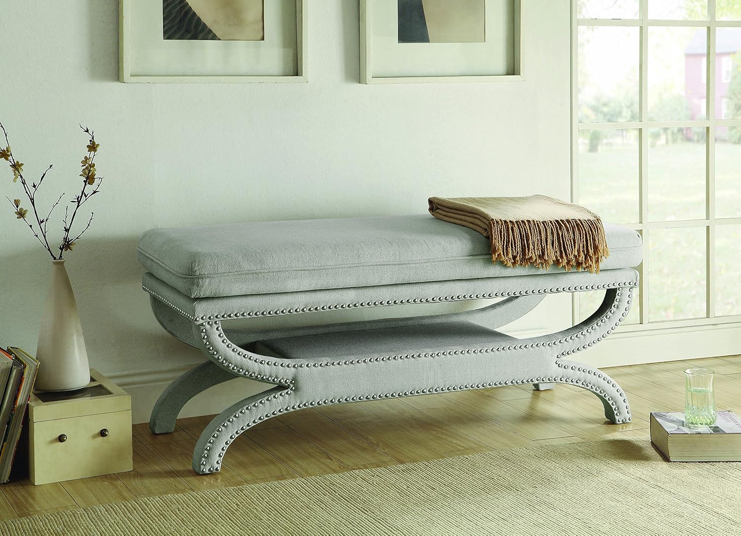 Amazon Com Fully Upholstered Bench With Nailhead Trim Light Grey Furniture Decor