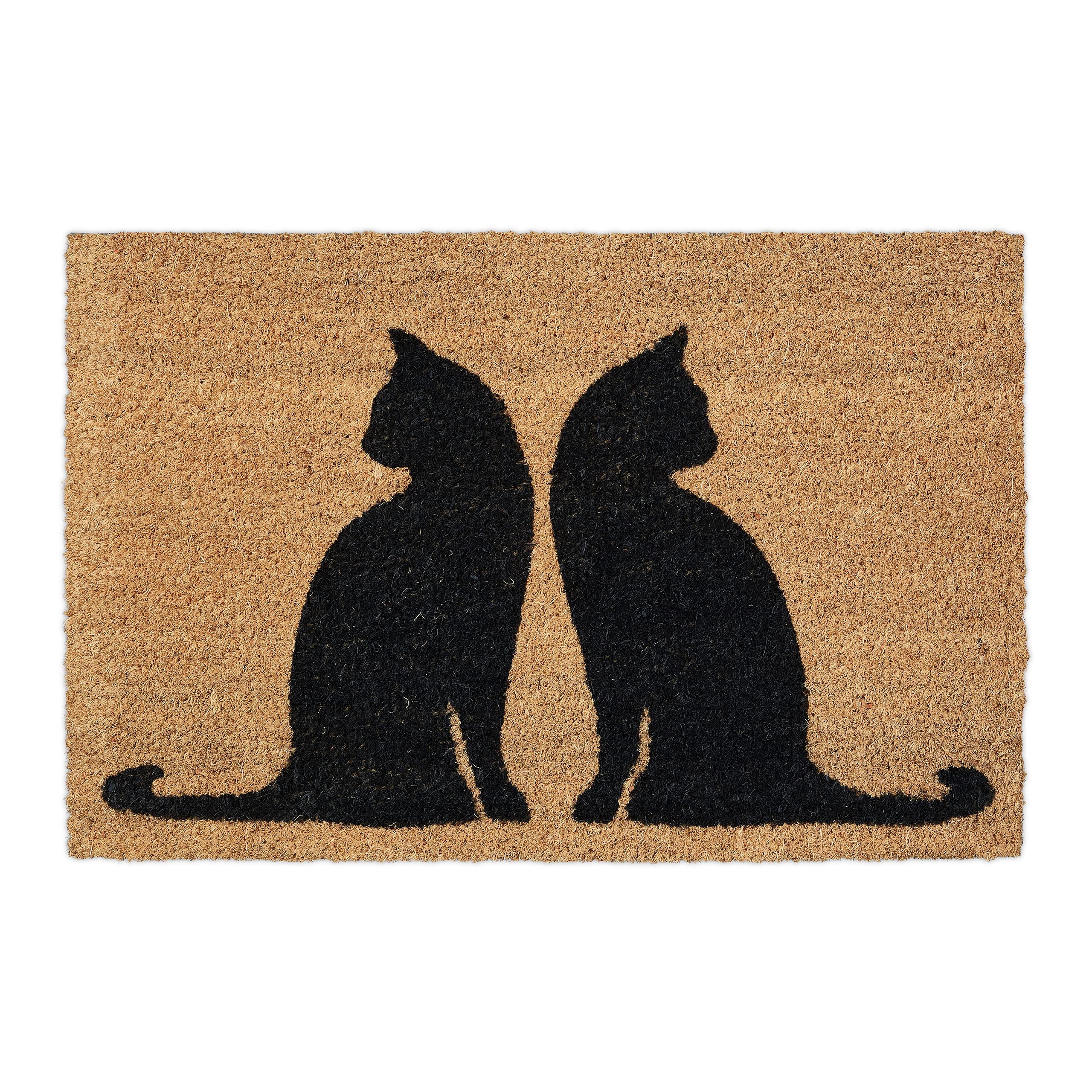 Relaxdays Cute Cats Theme Doormat Rubber, 40 x 60 cm, Door Mat Inside & Outside, Non-Slip, Natural Coir/Black, Coco, 60x40cm
