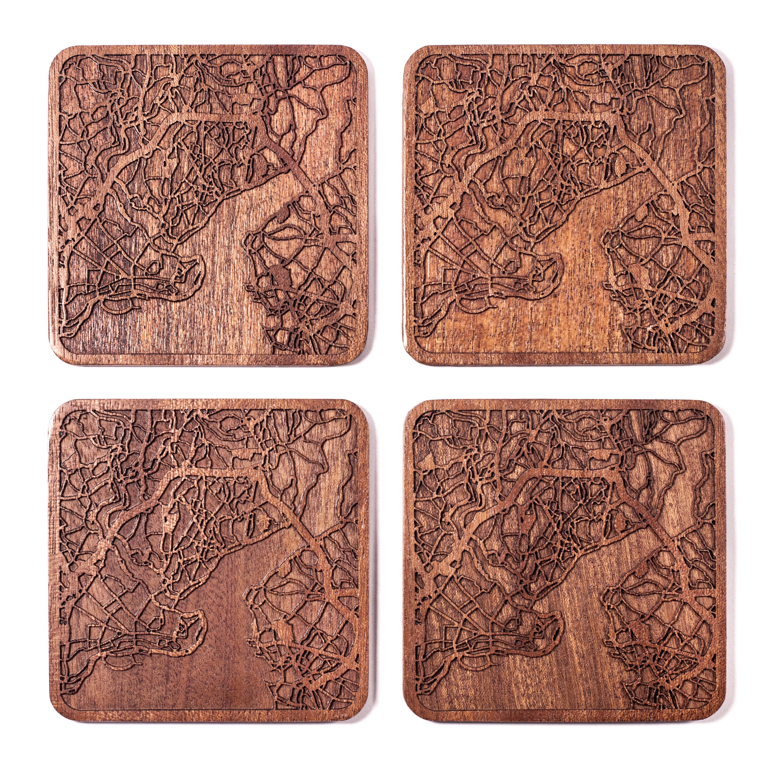 Istanbul Map Coaster, Set of 4, Sapele Wooden Coaster with City Map, Handmade