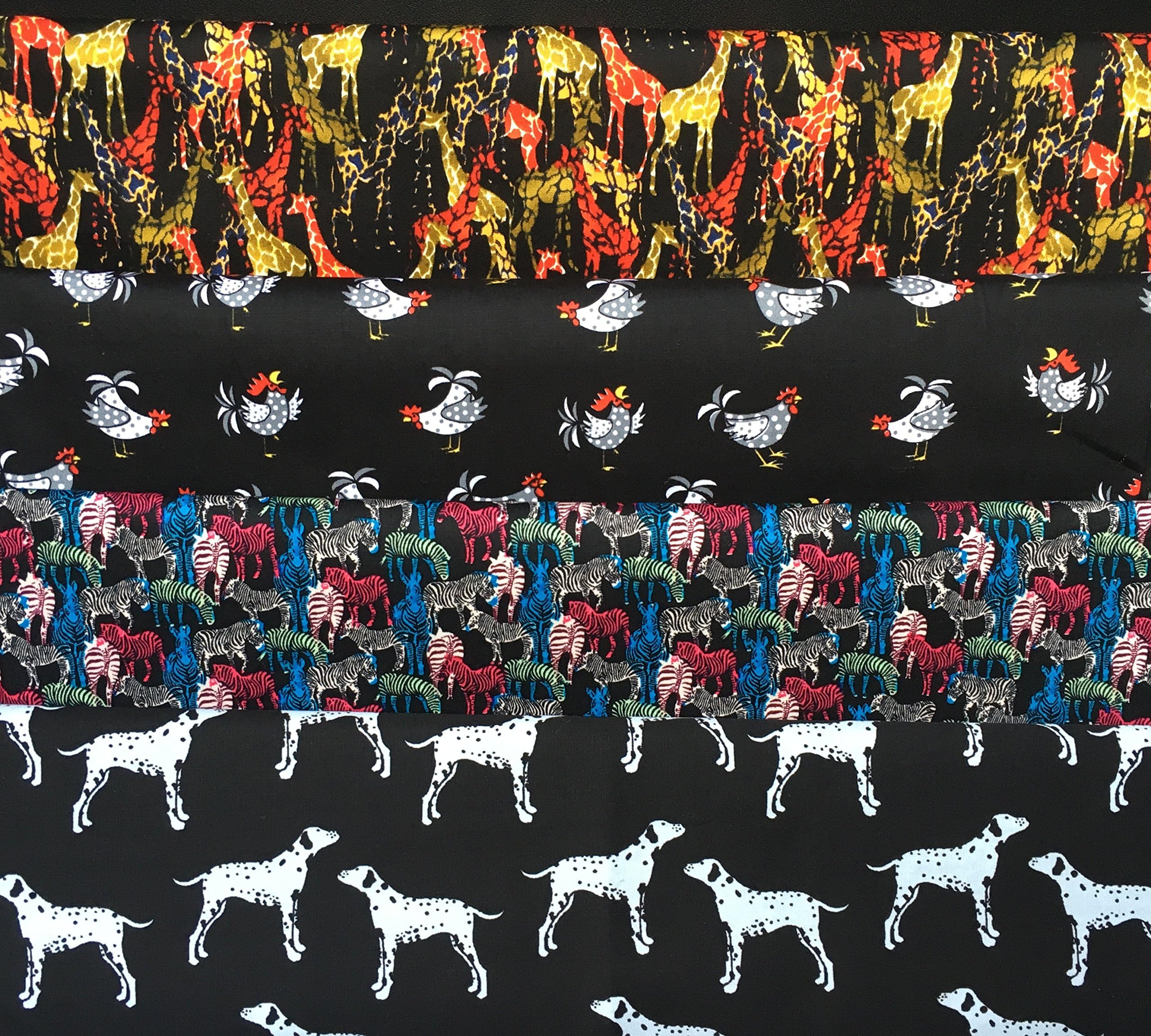 Giraffe, Zebra, Dog & Rooster Childrens Nursery Animals Prints | 4 Pieces Fat Quarter Bundle | 100% Cotton Fabric Material for Craft, Patchwork, Quilts, Sewing for Kids