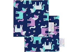 FUN KINS Cloth Napkin, 2-Ply, Thick, Absorbent, Durable, Machine Washable, Name Tag, Soft Cotton, Unicorns, 12" x 12", Set of 2