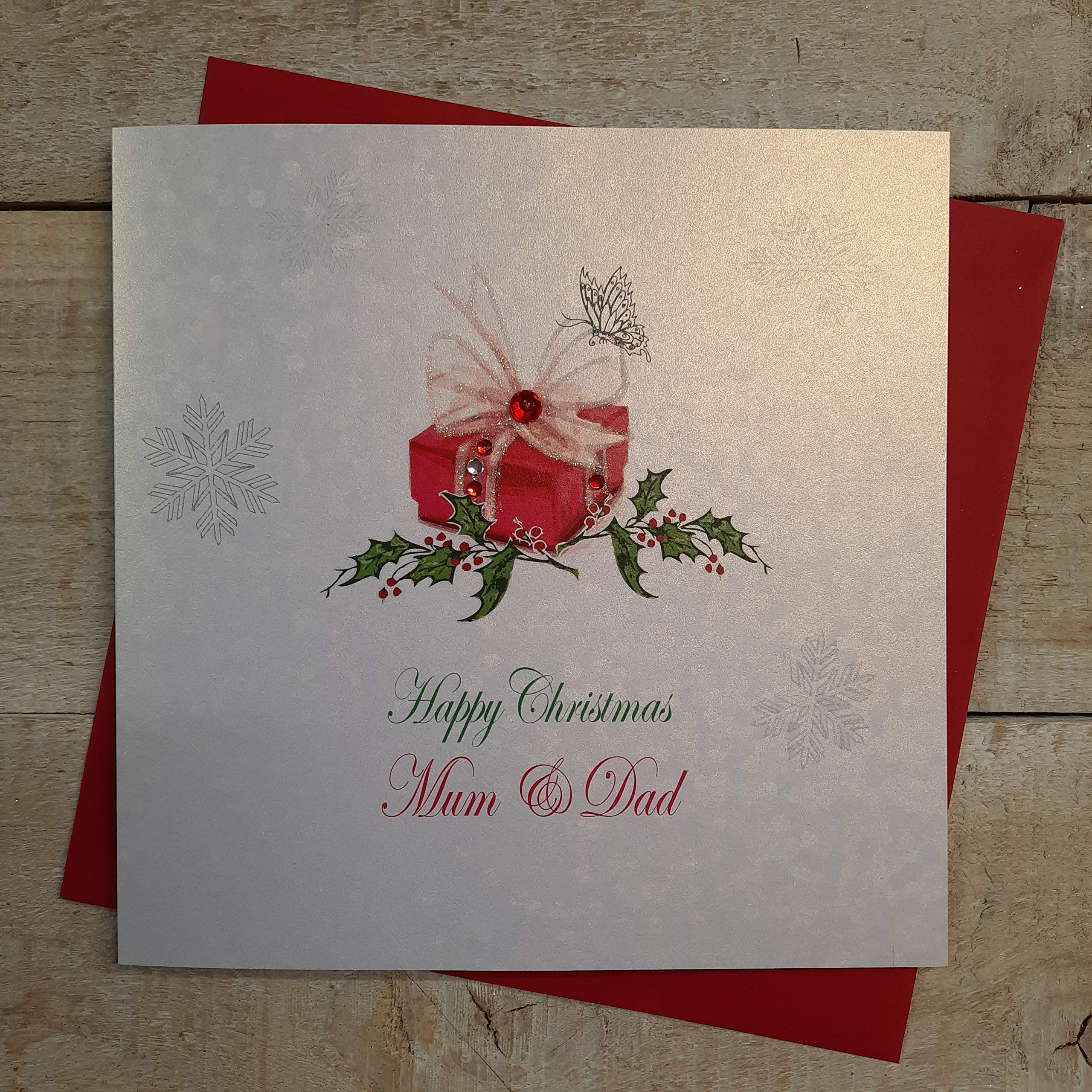 white cotton cards X119 Happy Christmas Mum and Dad Handmade Christmas Card with Present Design, White