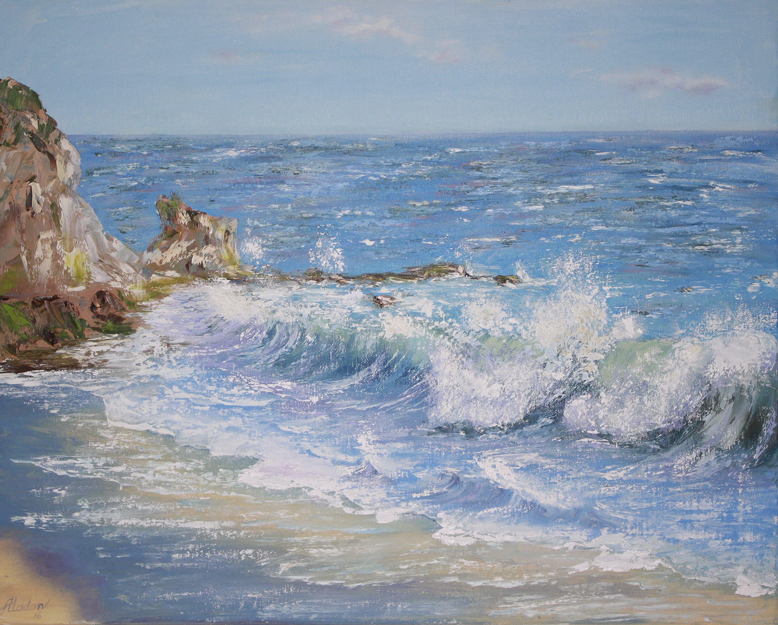 16 * 20 Marine painting of sea beach, ocean shore, wavy beach art, original oil painting of the sea signed by artist, seascape
