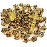 Nazareth Store Gold Plated Rosary Necklace with Colorful Crystallized Beads Miraculous Medal Cross Crucifix