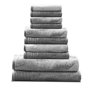 Superior 100% Cotton Marble Effect 10-Piece Towel Set, Solid and Luxurious Marble Pattern Jacquard, Super Soft, Plush and Absorbent, 2 Bath Towels, 4 Hand Towels, 4 Wash Cloths - Grey