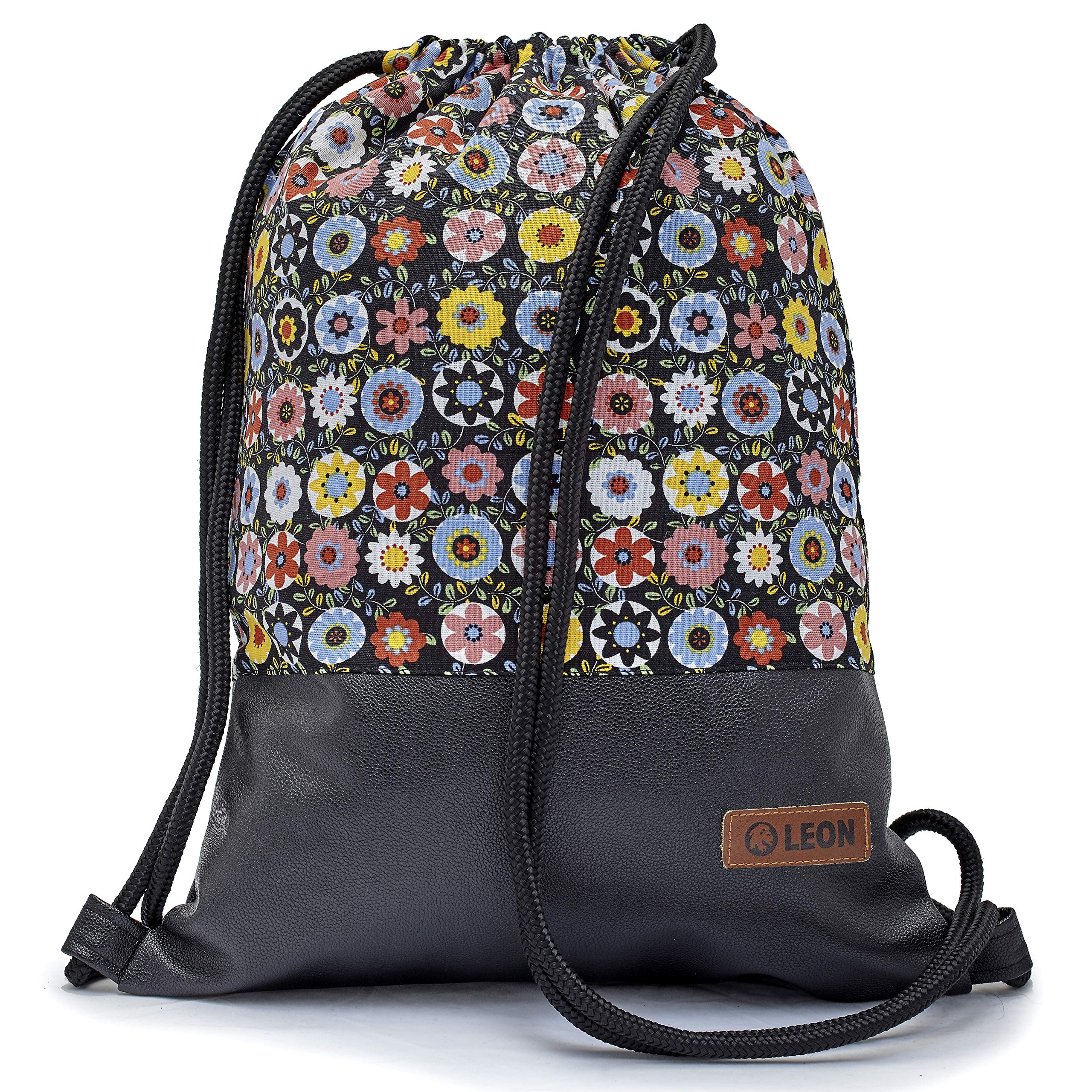 By Bers Leon Gym Bag with Inner Pockets Zip Backpack Bag Women Men & Teenagers Gym Bag Draw String, Colourful flower black PU, 40cm hoch, Gym bag backpack gym bag bag