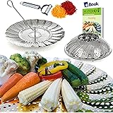 Premium Vegetable Steamer Basket - 5.5-9.3" - Kitchen Deluxe Complete Bundle - 100% Stainless Steel - Bonus 2 in 1 Julienne Veggie Peeler, Hook Insert & Food eBook - For Pressure Cooker
