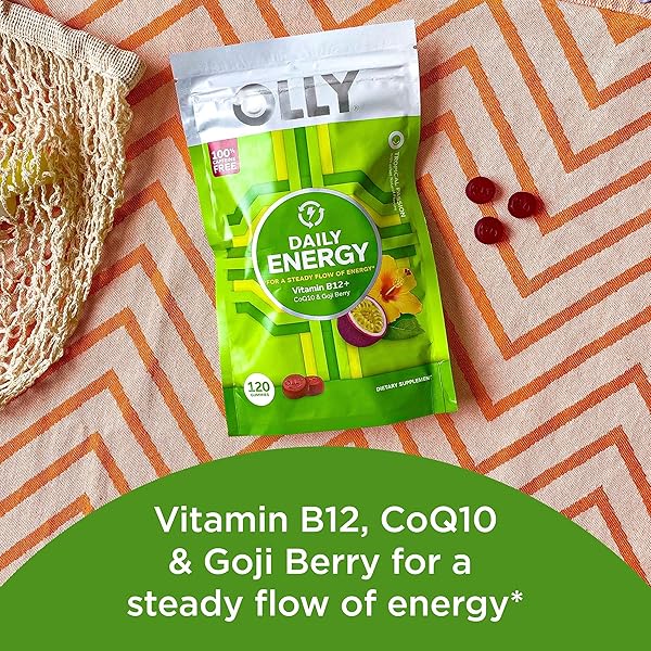 OLLY DAILY ENERGY GUMMY, CAFFEINE FREE, VITAMIN B12, COQ10, GOJI BERRY, ADULT CHEWABLE SUPPLEMENT, TROPICAL FLAVOR – 120 COUNT POUCH