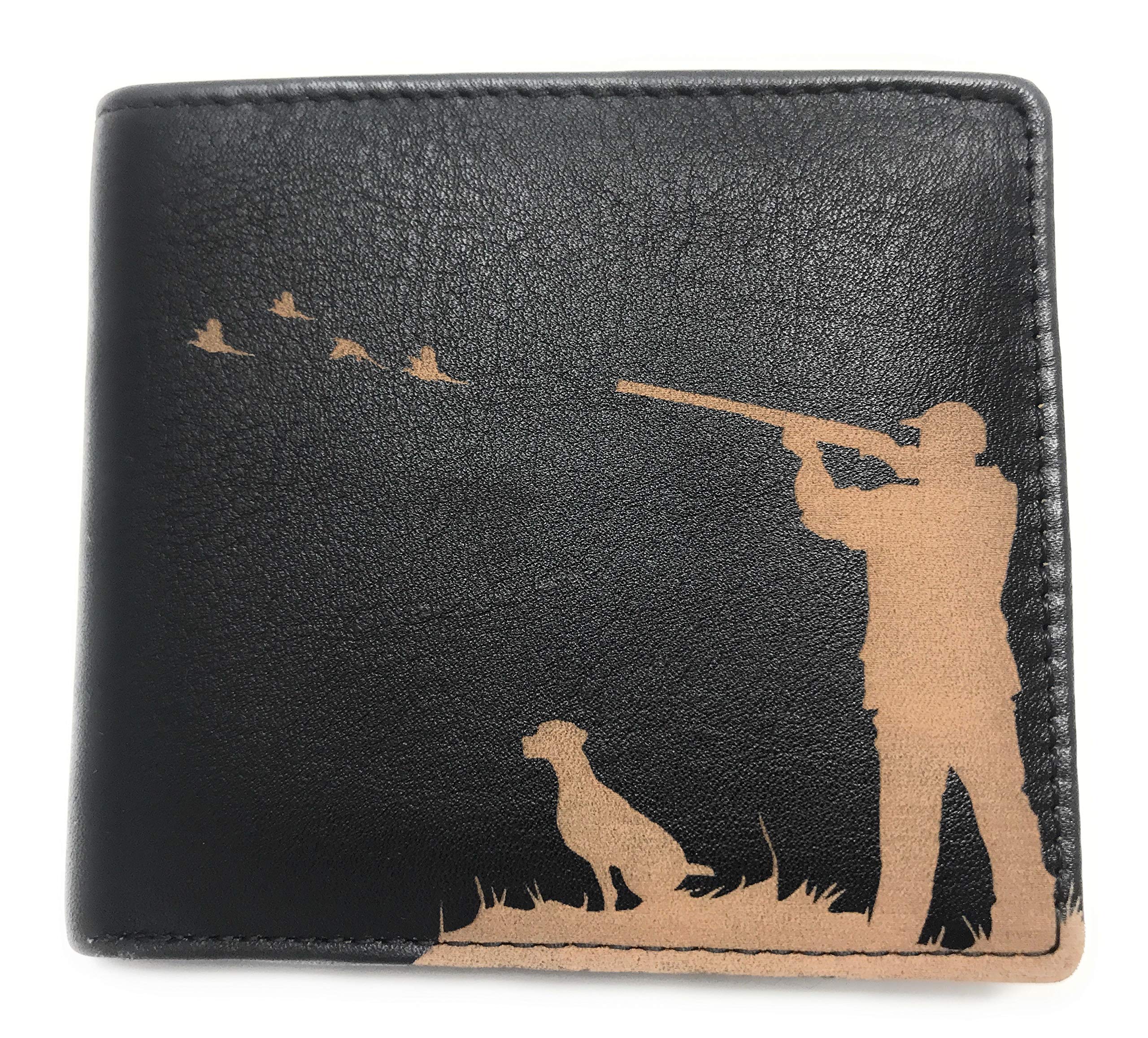 Oak Tree Beautiful Quality Engraved Leather Mens Wallet with Hunting Shooting Image Card Holder with Zipped Back Pocket