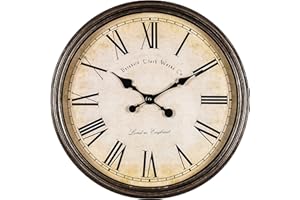 Bernhard Products Large Decorative Wall Clock 20 Inch Silent Non Ticking Battery Operated Quartz Vintage Stylish with Rustic Dark Brown Rim for Home Living/Dining Room Kitchen & Over Fireplace