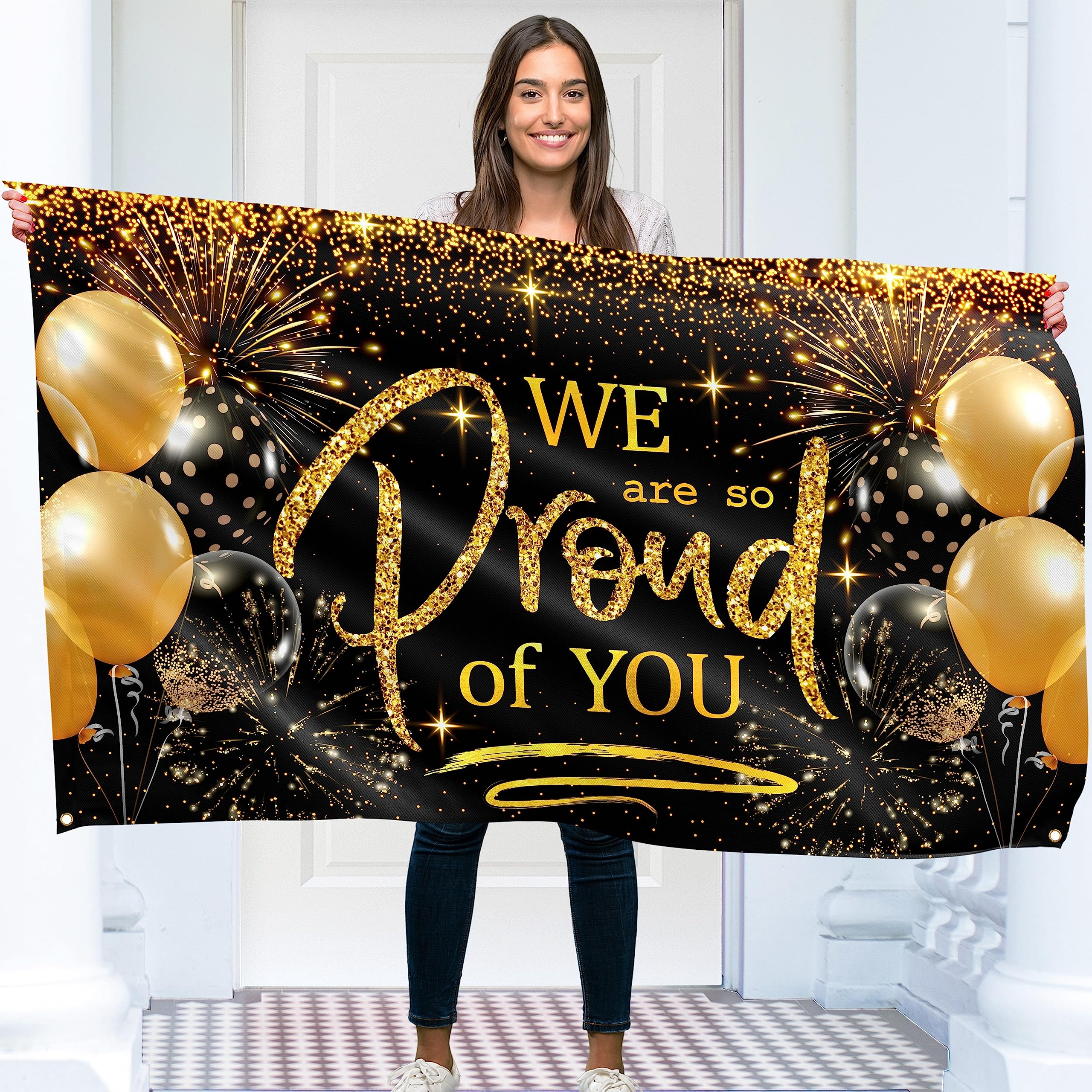 Congratulations Banner - Graduation Banner 5ft x 3ft - We are so Proud of You Decorations - Well Done - You Did It (Black & Gold)