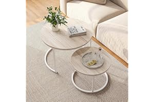 HOJINLINERO Round Coffee Table Set of 2 End Tables for Living Room,Modern White Coffee Table Nesting Tables,Living Room Tables Wood Furniture Metal Frame,Sturdy Stacking Side Tables,Easy Assembly,Oak