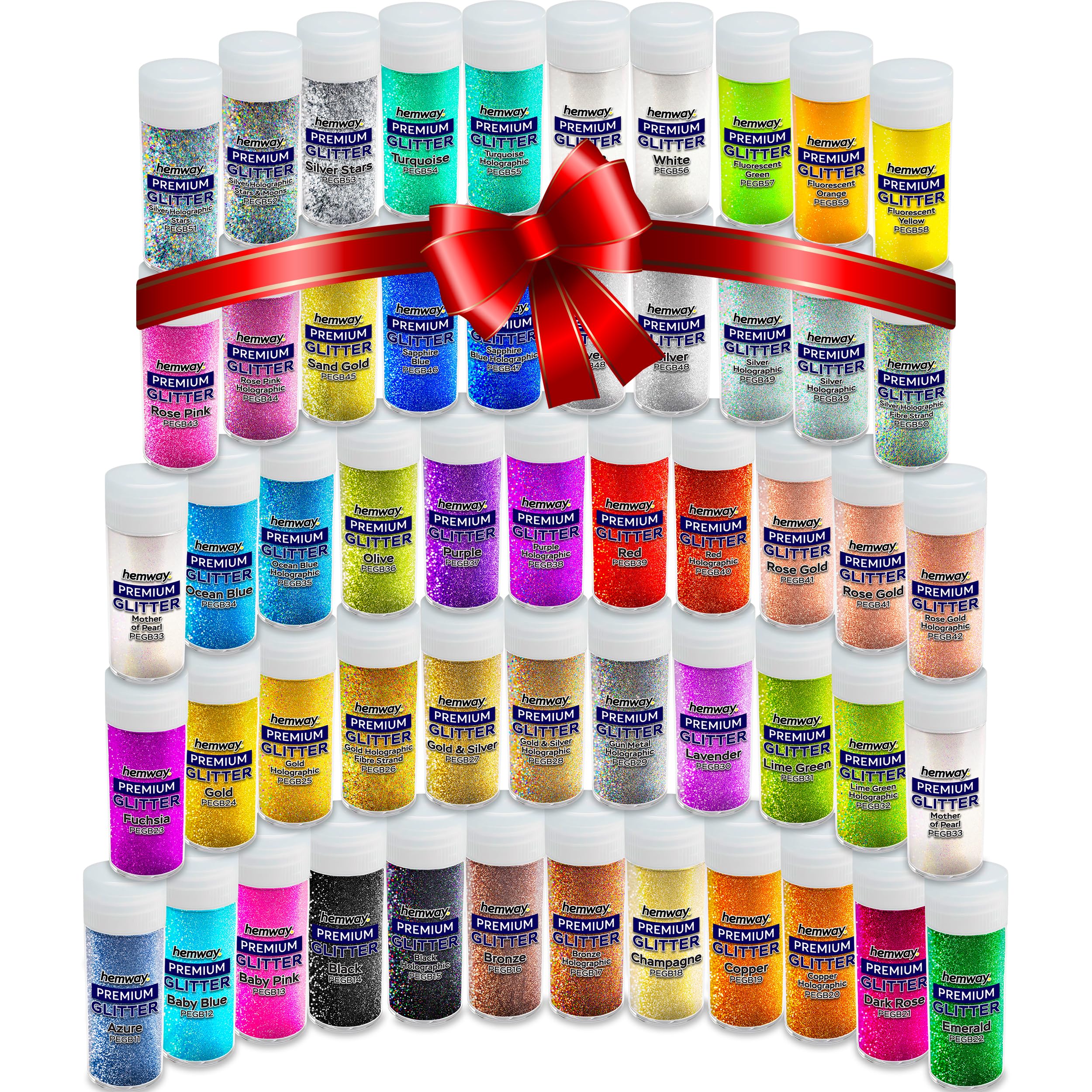 Hemway Polyurethane & Epoxy Resin Glitter Craft Box | 54 Craft Glitter Pots for Resin in 44 Colours, Fine Metallic Flakes Shaker Set for Arts & Crafts, Candles, Wax Melts | Assorted Colours