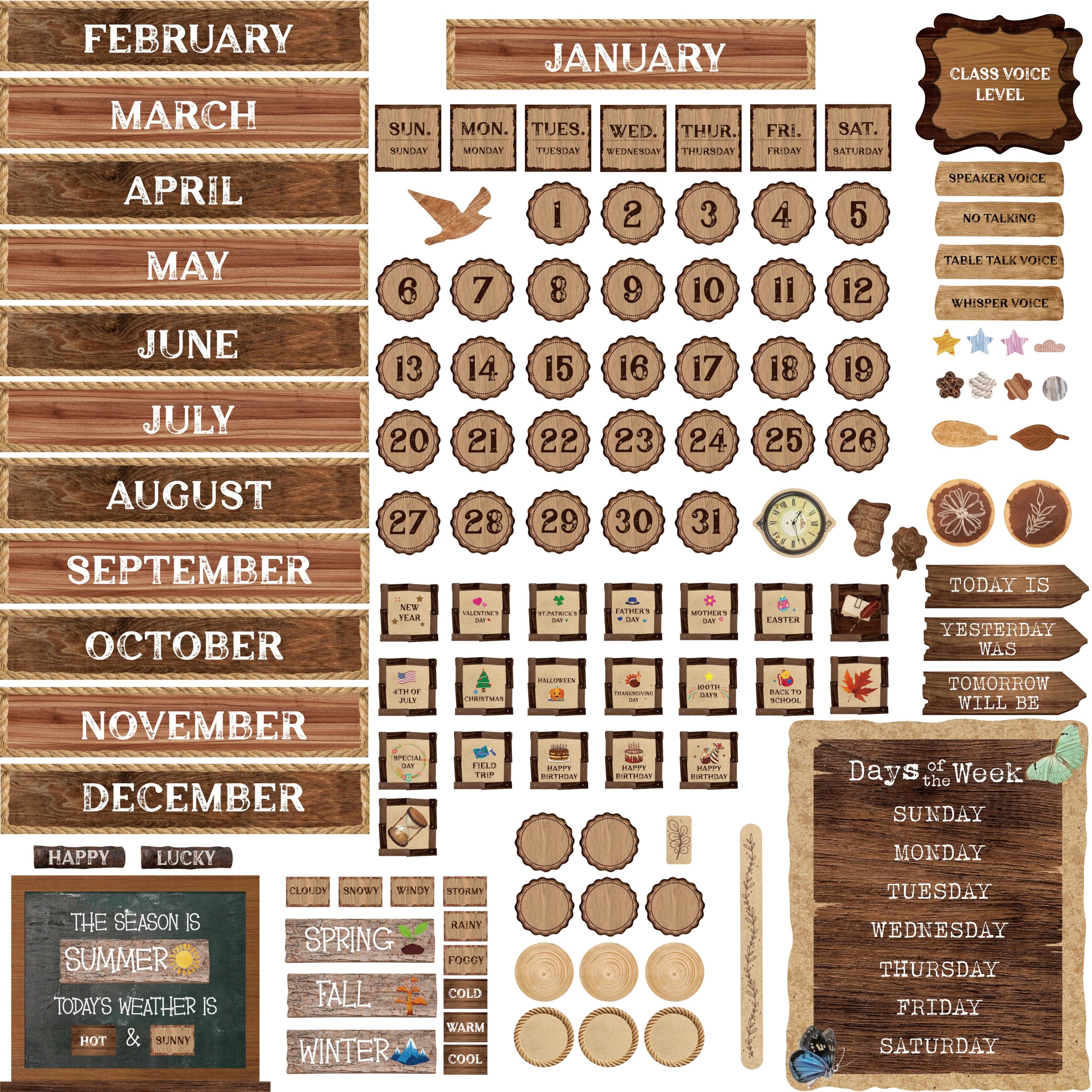 Photo 1 of 126PCS Calendar Bulletin Board Cutouts, Season/Weather/Holiday/Month/Week Bulletin Board Decors Industrial Chic Style Wall Decor for School Classroom Home Teachers Students