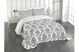 Lunarable Damask Bedspread, Damask Pattern Classical Monochromic Illustration Antique Designed Art Print, Decorative Quilted 3 Piece Coverlet Set with 2 Pillow Shams, Queen Size, Black White