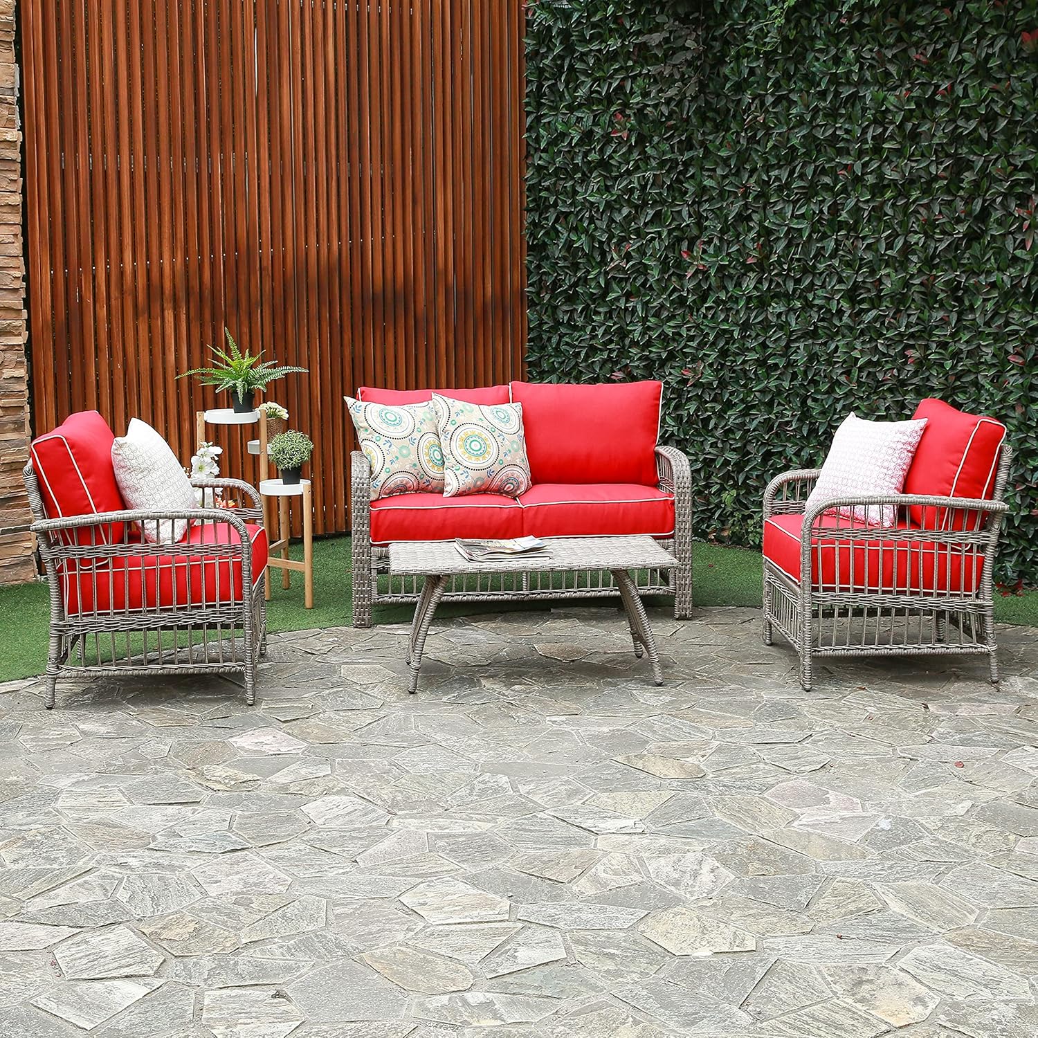 Creative Living AT0103 Rowley Patio Furniture Sofa Set 4 PC Loveseat Chat Group, Red
