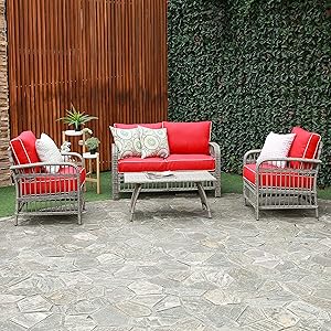 Creative Living AT0103 Rowley Patio Furniture Sofa Set 4 PC Loveseat Chat Group, Red