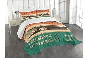 Lunarable Vintage Bedspread, A Garage Retro Poster with Classic Car and Automobile Mechanic Style of Nostalgic 50s, Decorative Quilted 3 Piece Coverlet Set with 2 Pillow Shams, Queen, Orange Green