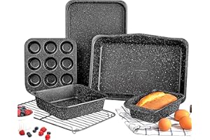 GRANITESTONE Granite Stone Pro 5 Piece Bakeware Set, 0.8MM Gauge, Durable Nonstick Surface, Oven Safe 550°F with No Warping, Dishwasher Safe, Cookie Sheet, Muffin Pan, Loaf Pan & Round Pan and XL Rectangular Tray