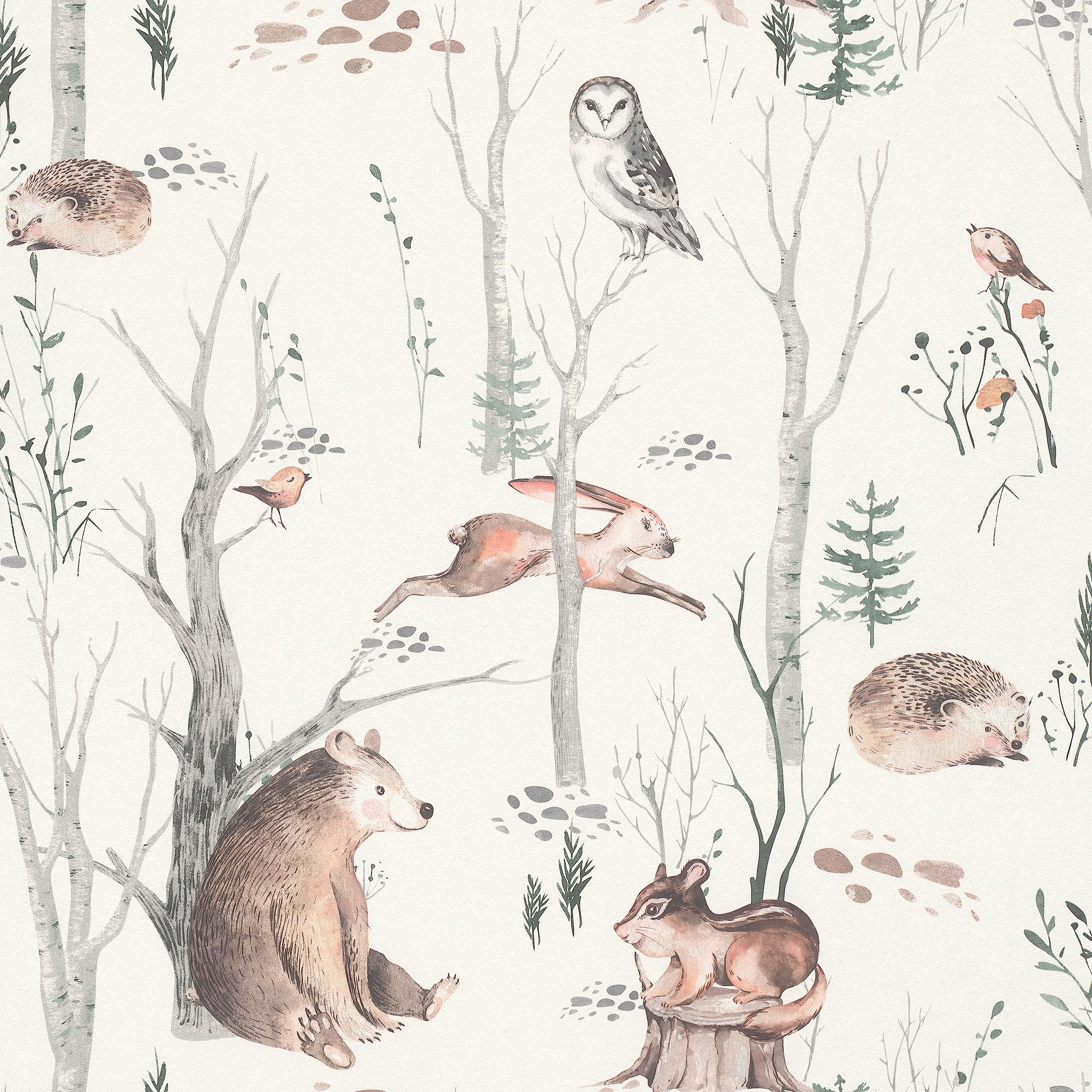 Rasch wallpaper 300048 Light Non-Woven Forest Animals Beige, Brown and Green Children's Bedroom Decor 10.05 m x 0.53 m