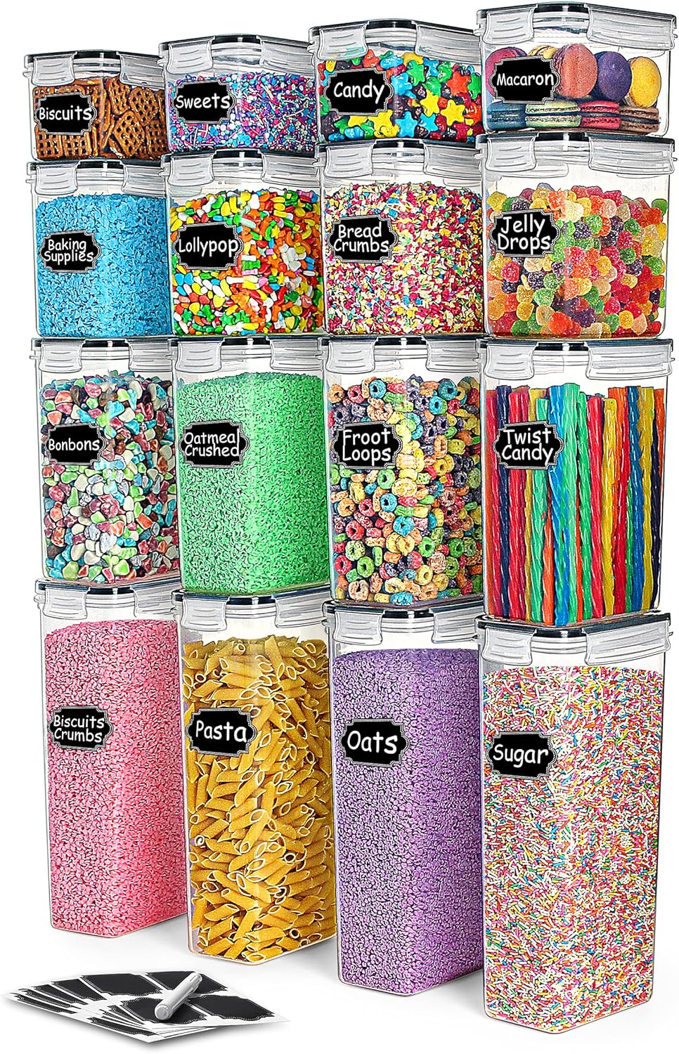 Airtight Food Storage Container Set,TAEVEKE 16 PCS Plastic Storage With Lids Kitchen Dry Food Storage,Kitchen & Pantry Organization BPA Free Leak Proof Cereal Containers Storage Set -Labels& Marker