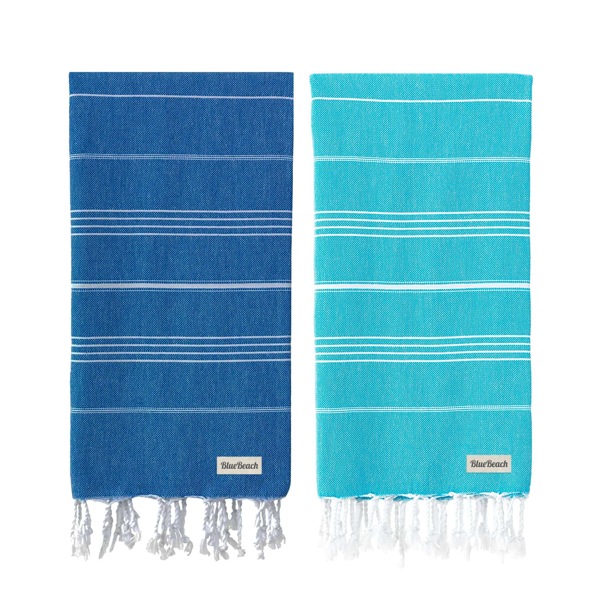 Blue Beach Turkish Towel - Set of 2-100x180cm Large Turkish Hammam Peshtemal Towel - Super Absorbent, Quick Dry, Lightweight, Compact Towels for Swimming, Bath, Gym and Travel (Blue+Turquoise) — image 1