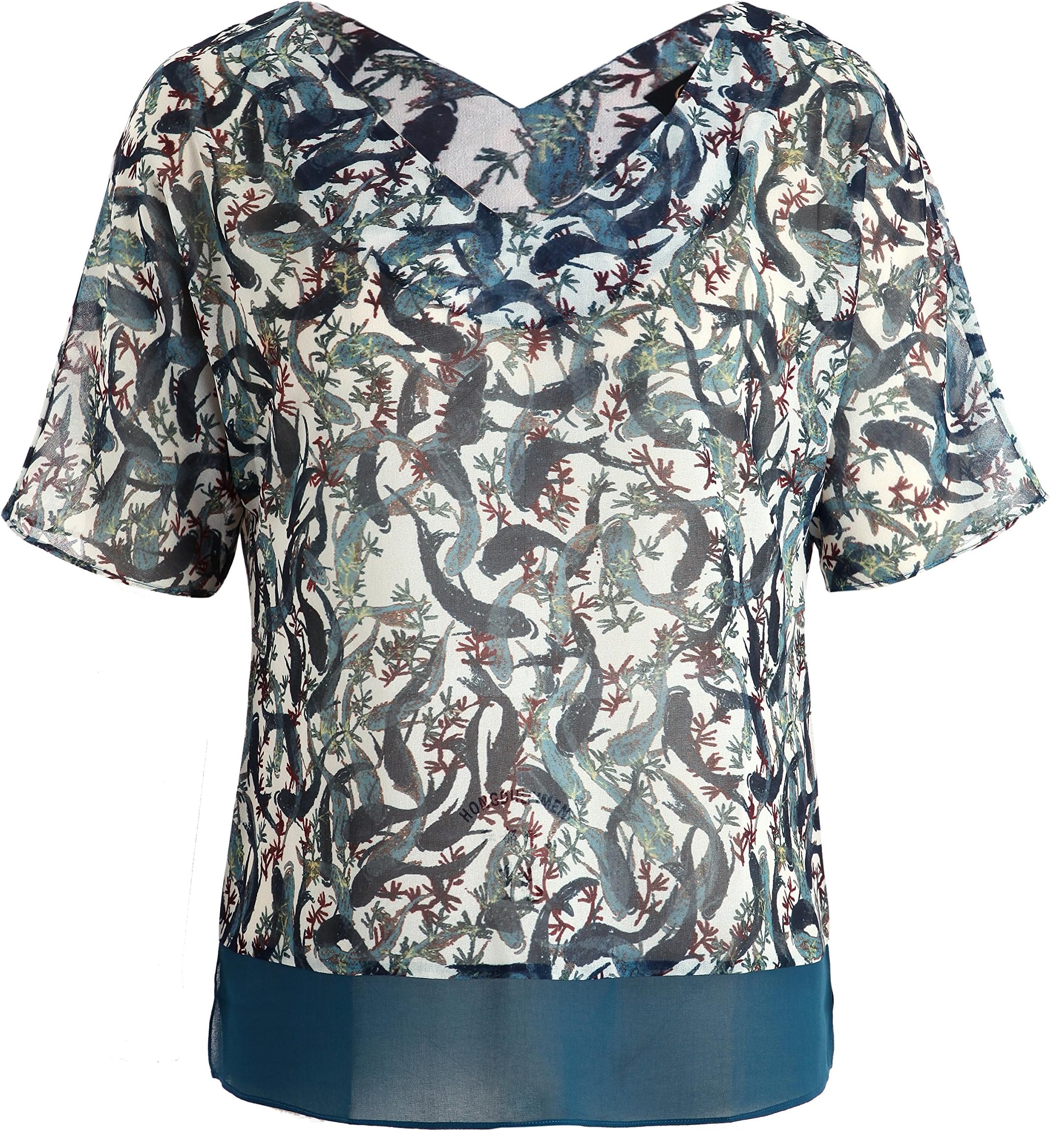 Chicwe Women's Plus Size V Neck Contrast Hem Printed Blouse - Casual Party Work Top