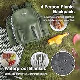 VonShef Picnic Backpack 4 Person Green with Complete Dining Set & Blanket view 3