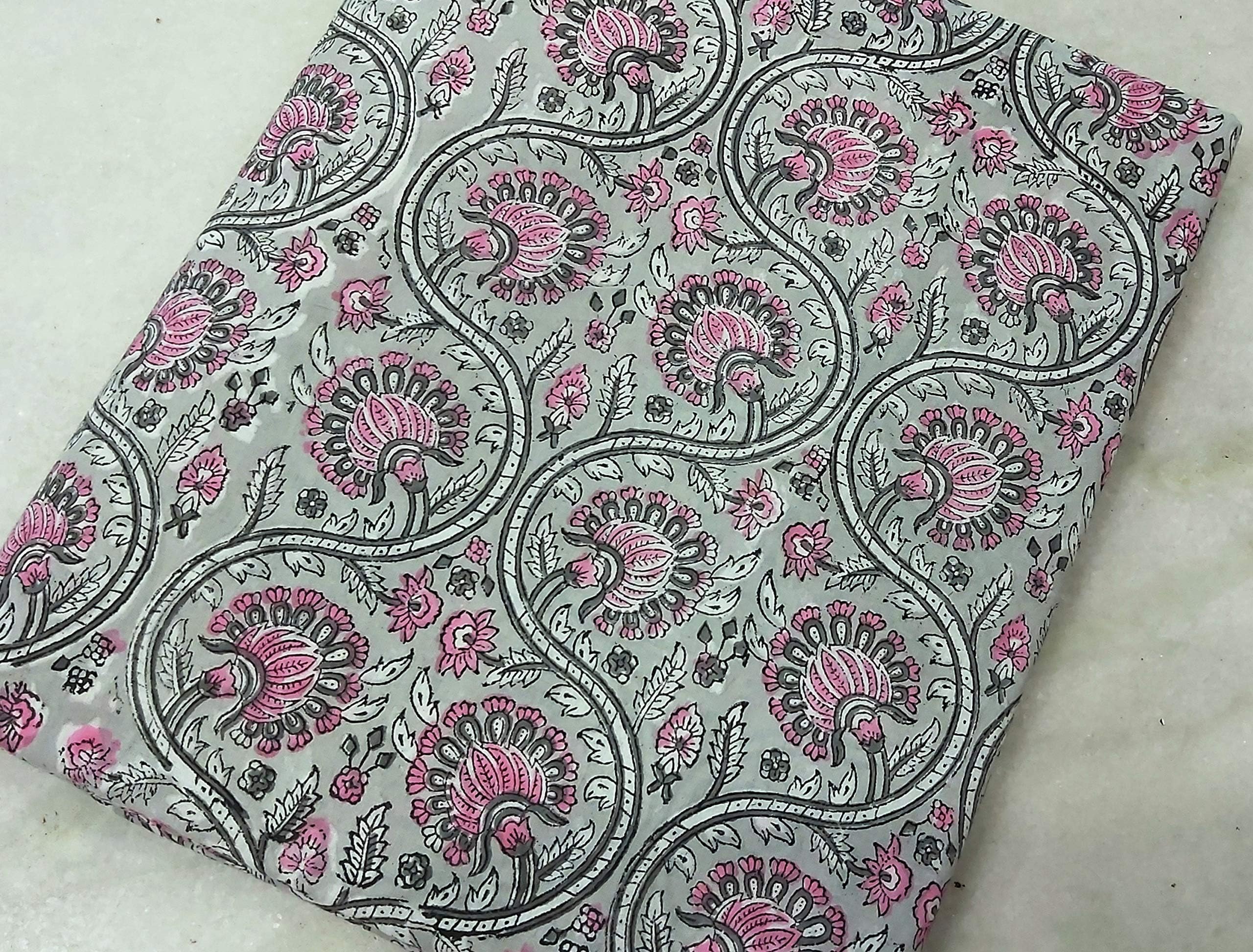 SWG Light Grey Floral Print Fabric,Indian Hand Block Printed Cotton Voile Fabric,Handmade by The Yard Fabric,Jaipur Fabric,Clothing Fabric,Upholstery Fabric