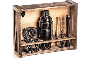 MIXOLOGY & CRAFT Mixology Bartender Kit: 11-Piece Bar Tool Set with Rustic Wood Stand | Perfect Home Bartending Kit and Cocktail Shaker Set for a True Drink Mixing Experience | Fun Housewarming Gift Idea (Gun-Metal)