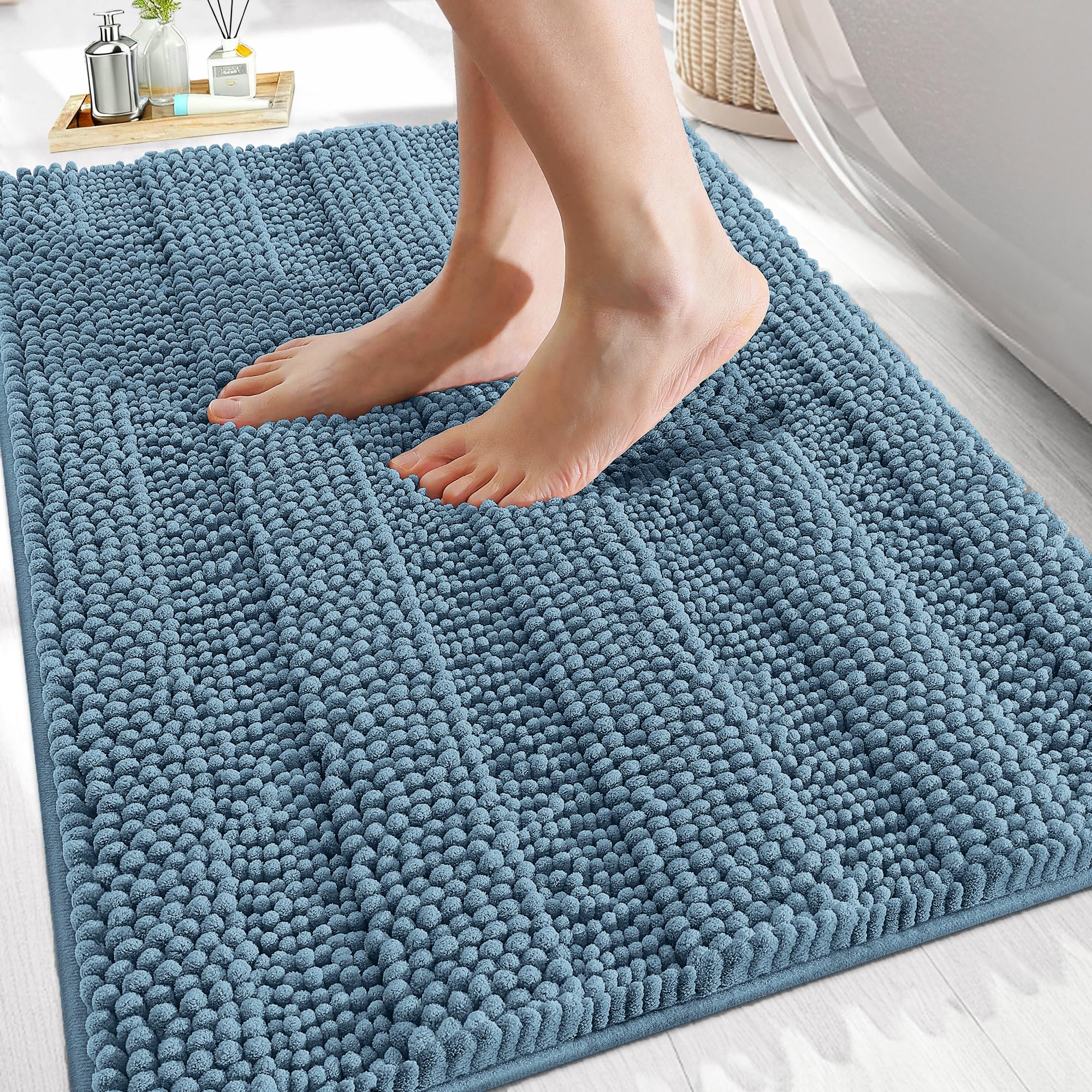 OLANLY Thick Bathroom Rugs 34x21, Extra Soft Absorbent Chenille Striped Bath Rugs, Rubber Backing, Machine Wash Dry, Bath Mats for Bathroom Floor, Tub and Shower, Home Decor Accessories, Airy Blue Image