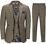 Xposed Mens 3 Piece Herringbone Tweed Suit in Brown Retro Peaky Blinders Style Fitted Blazer, Waistcoat, Trousers
