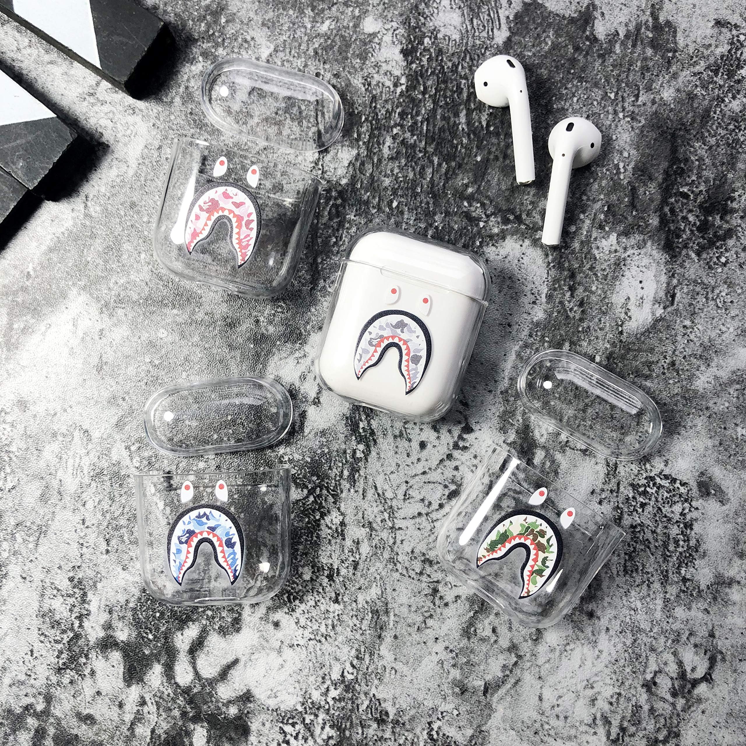 Shark Teeth Camo Print Clear Hardshell TPU AirPods Case for 1st & 2nd Gen AirPods Charging & Wireless Charging Case Premium Supreme Protective Clear Gift for Hypebeast [NO Button Cutout] (Green Camo)