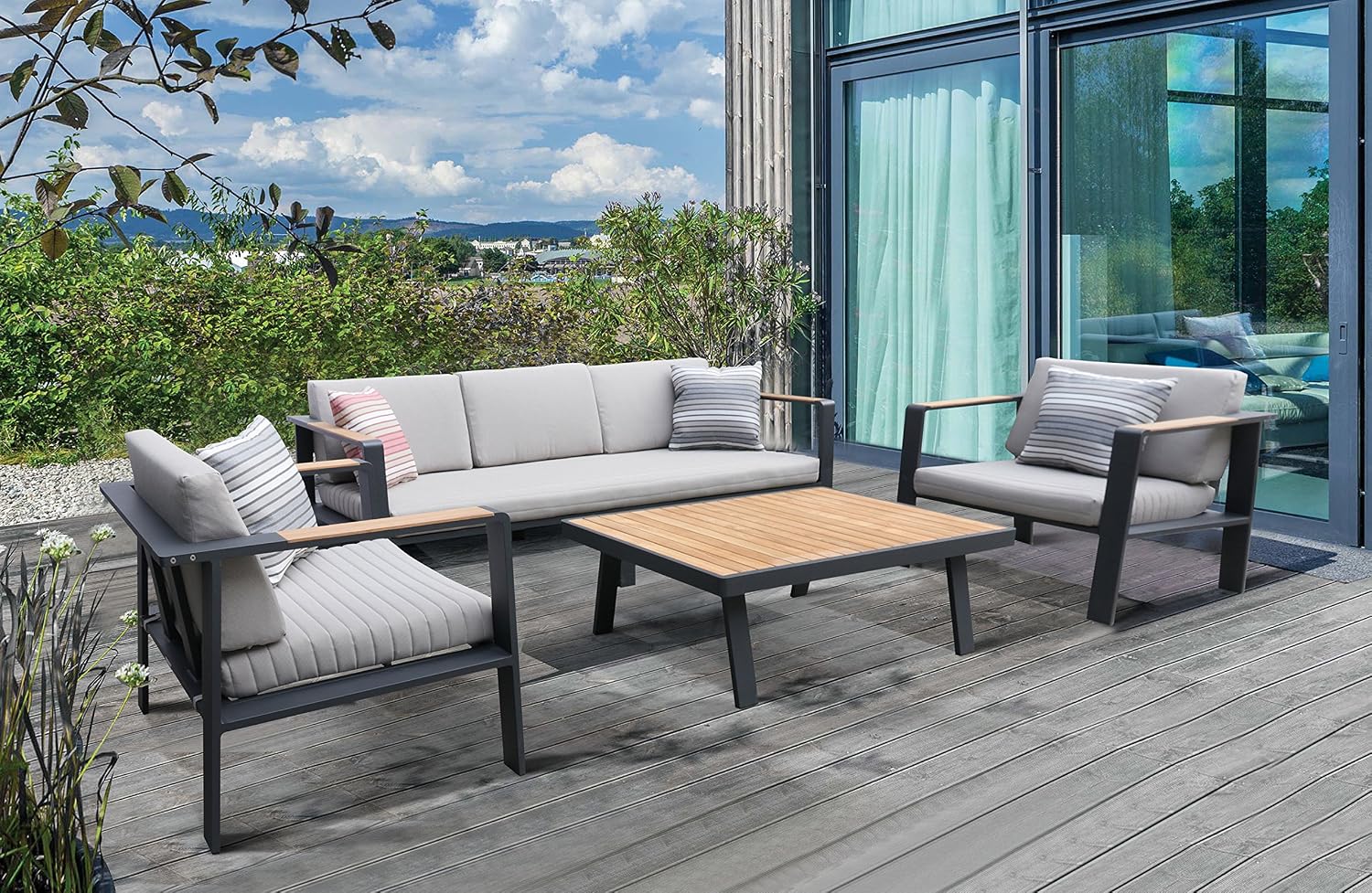 Amazon Com Armen Living Nofi Outdoor Patio Set Taupe Teak Wood Gray Furniture Decor