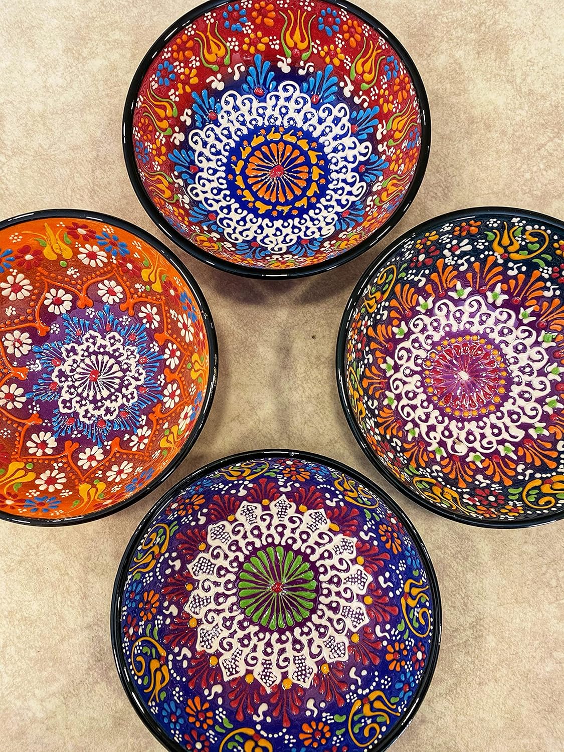4x Turkish Ceramic Bowls Set, Colorful Ceramic Bowl Set, Meze