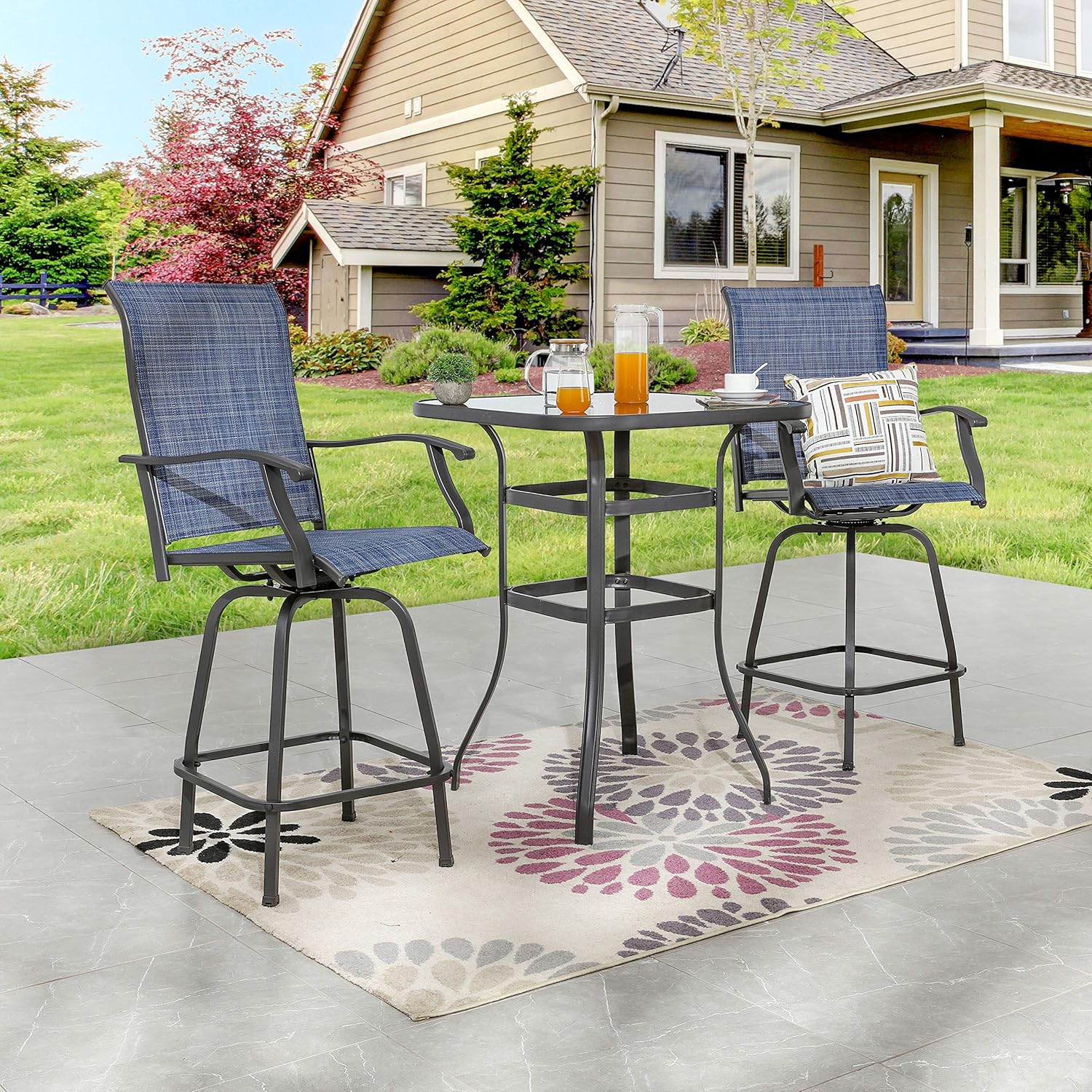 LOKATSE HOME 3 Pcs Bar Stools Set 2 High Swivel Chairs and 1 Height Outdoor Bistro Table, Patio Furniture, Blue Tesling Fabric : Garden & Outdoor