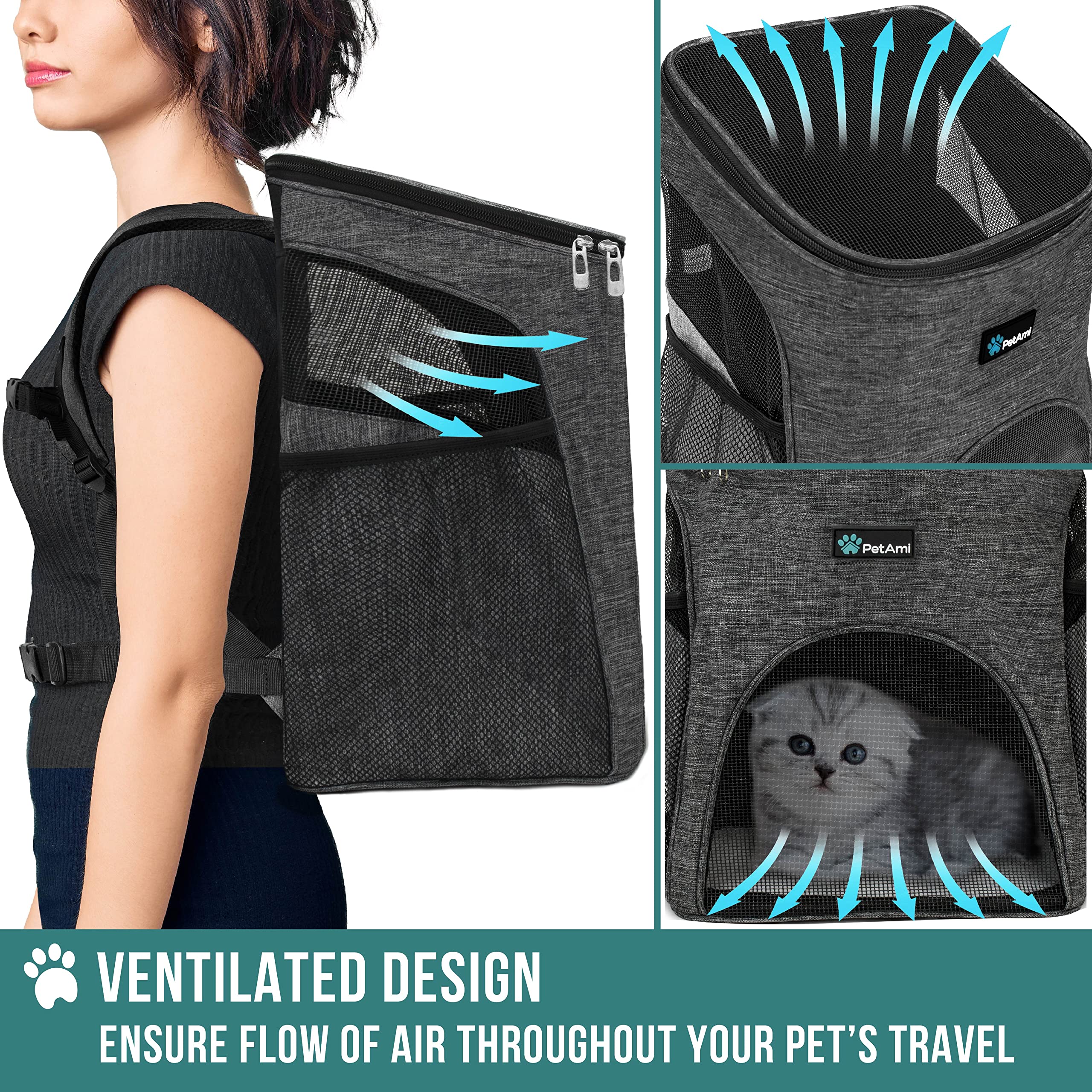 PetAmi Small Dogs and Cat Backpack Carrier, Airline Approved Pet Backpack Carrier, Ventilated, Safety Strap, Buckle Support Designed for Hiking Travel Camping Outdoor, Max 18 lbs (Gray)
