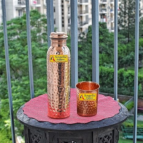 Angelic Copper Hammered Bottle with Glass, 1 Litre, Brown