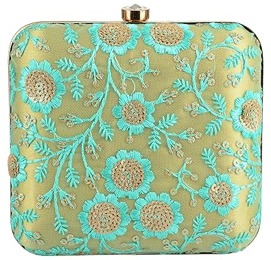 Tooba Handicraft Party Wear Hand Embroidered Box Clutch Bag Purse For Bridal, Casual, Party, Wedding (Geen Sequins)