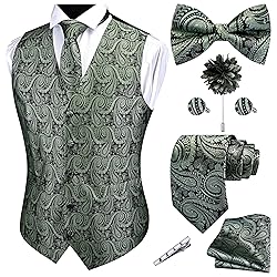 GUSLESON Sage Green Vest Paisley Suit Vest Tie and