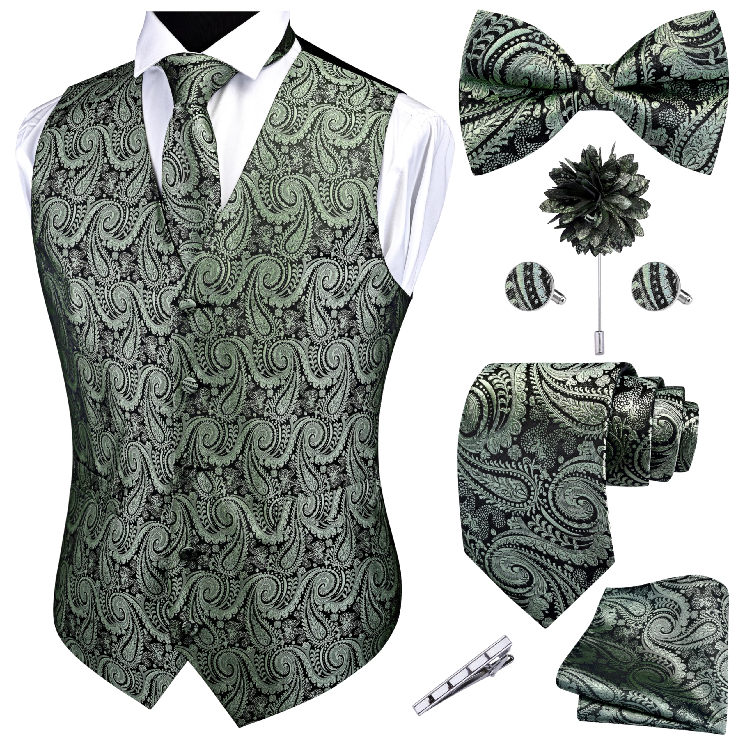 GUSLESON Sage Green Vest Paisley Suit Vest Tie and